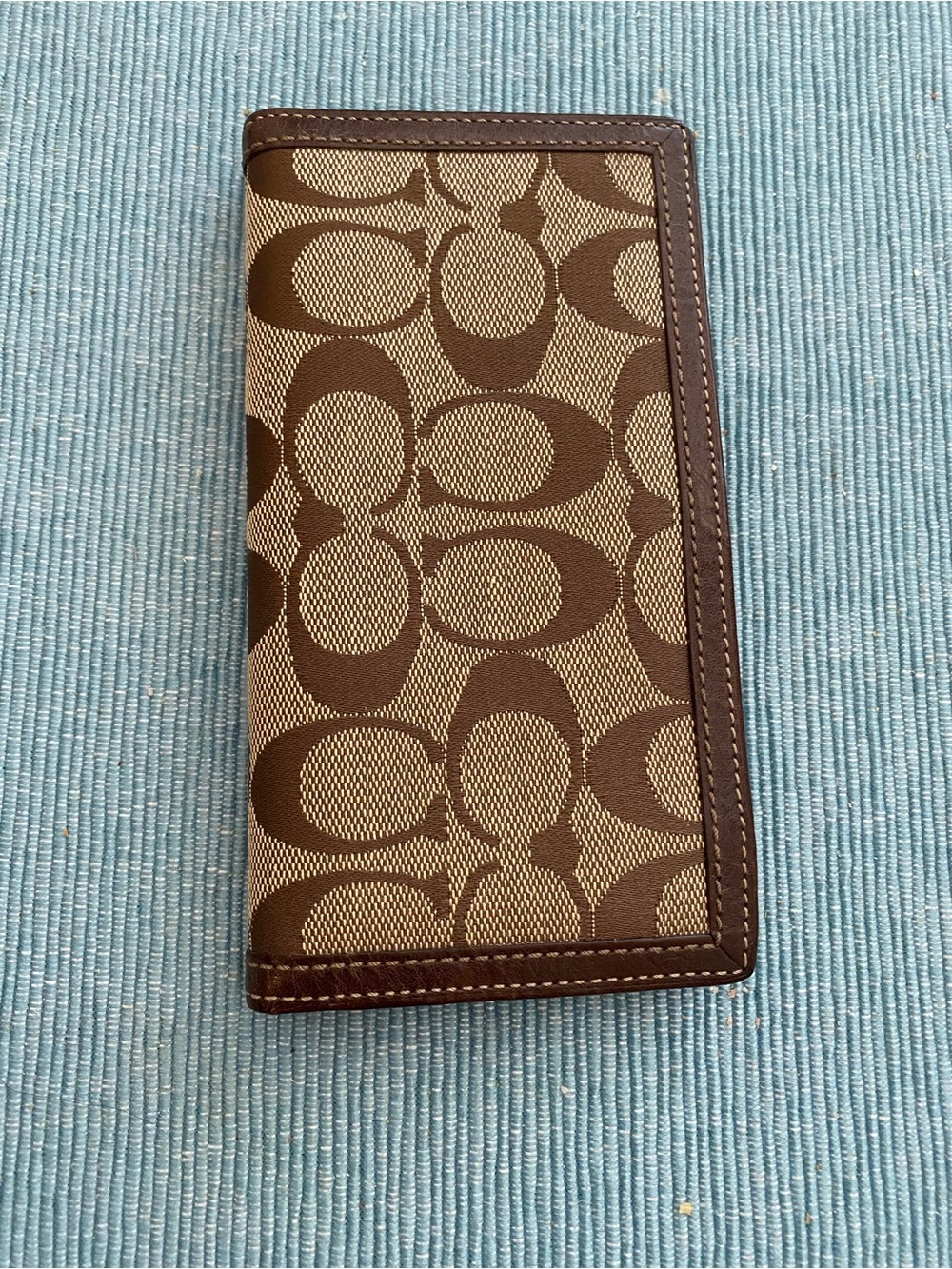 Coach Hampton Signature Checkbook Cover Tan Brown Logo Canvas Leather Pen Holder